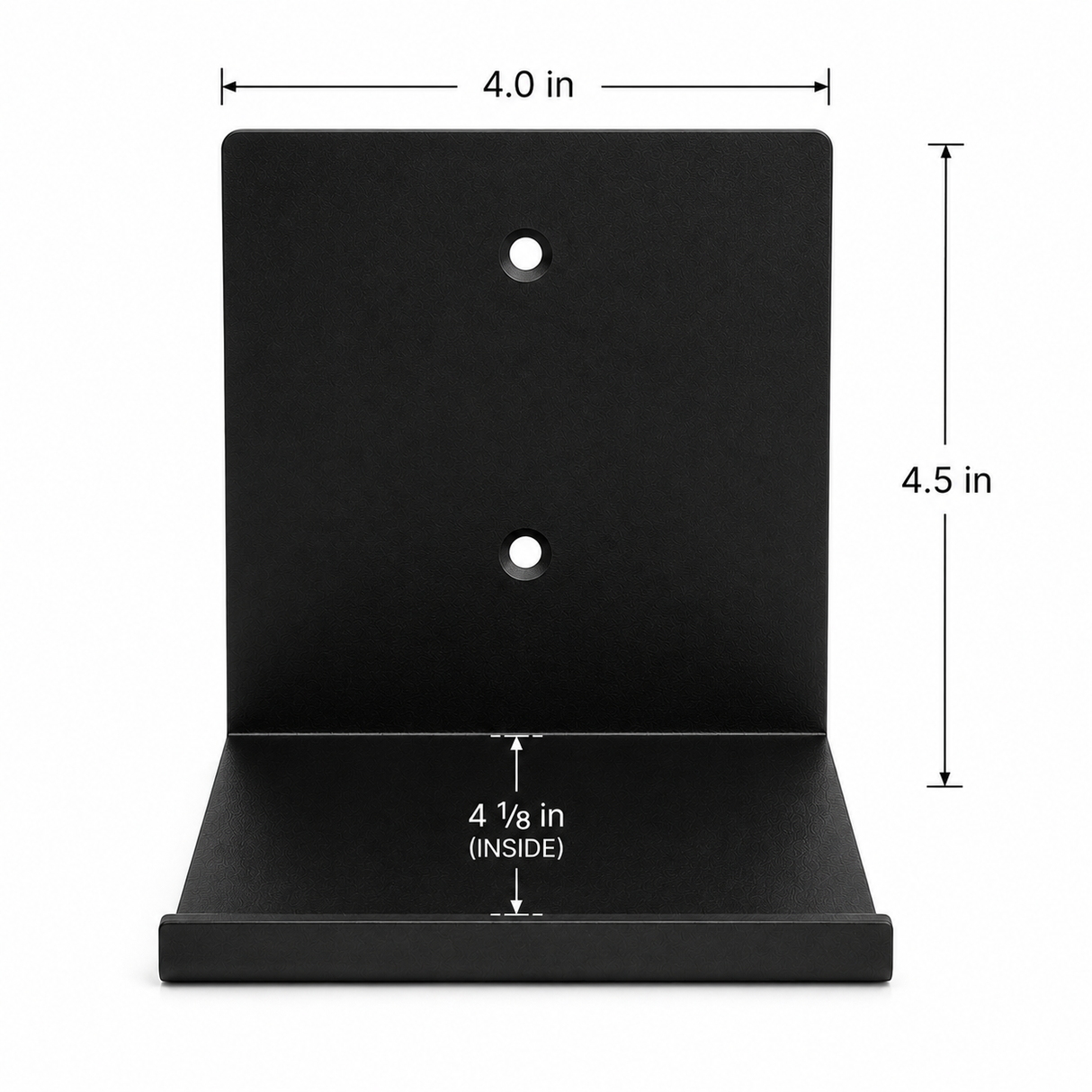 Monster Armor floating shelf with sleek, modern design, shown with dimensions and wall-mounting features.