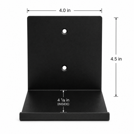 Monster Armor floating shelf with sleek, modern design, shown with dimensions and wall-mounting features.